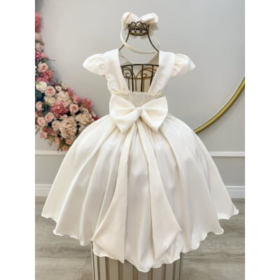 Vestido Infantil Marfim Busto C/ Nervuras Flores Festas Luxo
