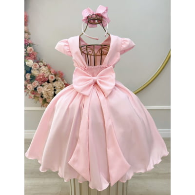 Vestido Infantil Rosa Busto C/ Nervuras Flores Festas Luxo