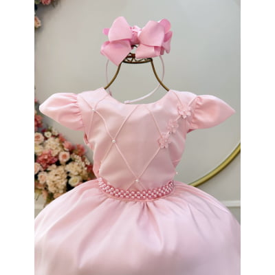 Vestido Infantil Rosa Busto C/ Nervuras Flores Festas Luxo