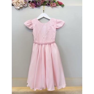 Vestido Infantil Rosa Busto C/ Nervuras Flores Festas Luxo