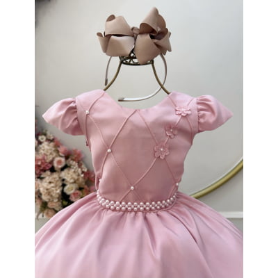 Vestido Infantil Rose Busto C/ Nervuras Flores Festas Luxo
