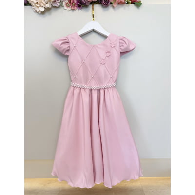 Vestido Infantil Rose Busto C/ Nervuras Flores Festas Luxo