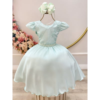 Vestido Infantil Verde Menta Busto C/ Nervuras Flores Festas Vestido Infantil Verde Menta Busto C/ Nervuras Flores Festas