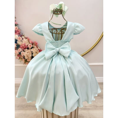 Vestido Infantil Verde Menta Busto C/ Nervuras Flores Festas