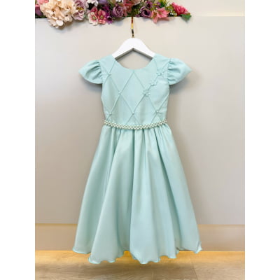Vestido Infantil Verde Menta Busto C/ Nervuras Flores Festas