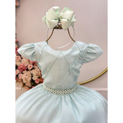 Vestido Infantil Verde Menta Busto C/ Nervuras Flores Festas