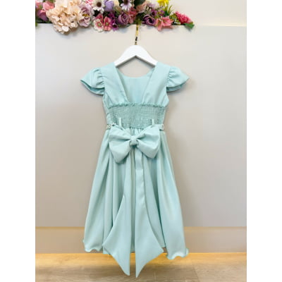 Vestido Infantil Verde Menta Busto C/ Nervuras Flores Festas
