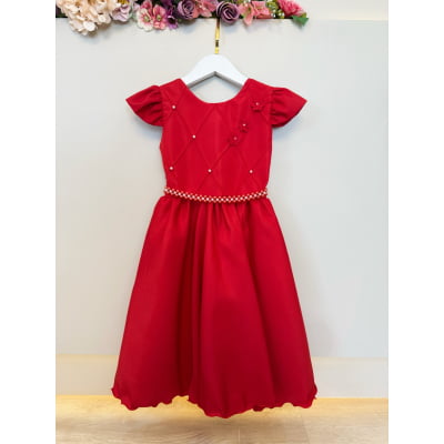Vestido Infantil Vermelho Busto C/ Nervuras Flores Festas Luxo