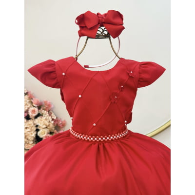 Vestido Infantil Vermelho Busto C/ Nervuras Flores Festas Luxo