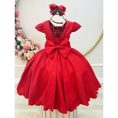 Vestido Infantil Vermelho Busto C/ Nervuras Flores Festas Luxo