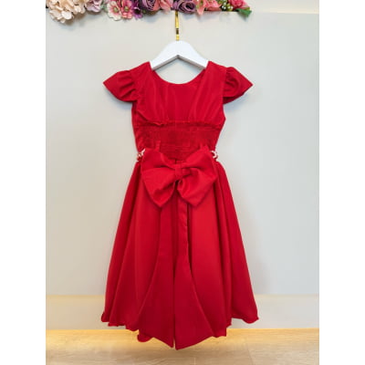 Vestido Infantil Vermelho Busto C/ Nervuras Flores Festas Luxo