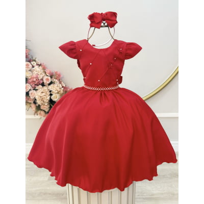 Vestido Infantil Vermelho Busto C/ Nervuras Flores Festas Luxo