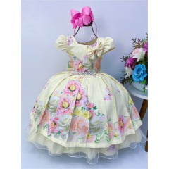 Vestido Infantil Amarelo Floral Luxo Cinto de Pérolas Strass
