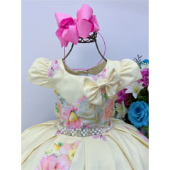 Vestido Infantil Amarelo Floral Luxo Cinto de Pérolas Strass