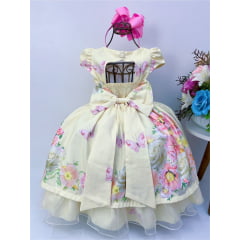 Vestido Infantil Amarelo Floral Luxo Cinto de Pérolas Strass