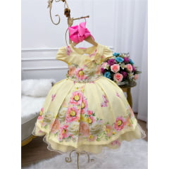 Vestido Infantil Amarelo Floral Luxo Cinto de Pérolas Strass