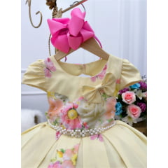 Vestido Infantil Amarelo Floral Luxo Cinto de Pérolas Strass