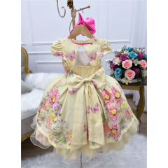 Vestido Infantil Amarelo Floral Luxo Cinto de Pérolas Strass