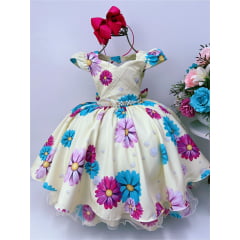 Vestido Infantil Amarelo Margaridas Cinto Pérolas Stass Luxo