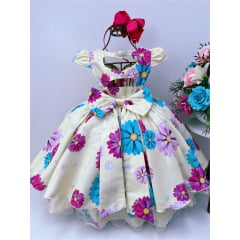 Vestido Infantil Amarelo Margaridas Cinto Pérolas Stass Luxo