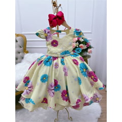 Vestido Infantil Amarelo Margaridas Cinto Pérolas Stass Luxo
