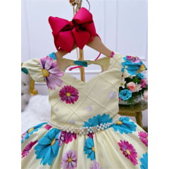 Vestido Infantil Amarelo Margaridas Cinto Pérolas Stass Luxo