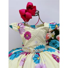 Vestido Infantil Amarelo Margaridas Cinto Pérolas Stass Luxo