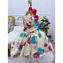 Vestido Infantil Amarelo Margaridas Cinto Pérolas Stass Luxo