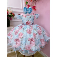Vestido Infantil Azul Bebê Jardim Flores Cinto de Pérolas
