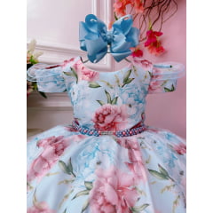 Vestido Infantil Azul Bebê Jardim Flores Cinto de Pérolas