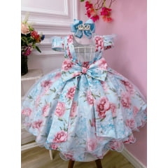 Vestido Infantil Azul Bebê Jardim Flores Cinto de Pérolas