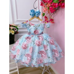 Vestido Infantil Azul Bebê Jardim Flores Cinto de Pérolas