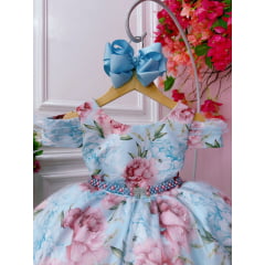 Vestido Infantil Azul Bebê Jardim Flores Cinto de Pérolas
