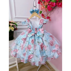Vestido Infantil Azul Bebê Jardim Flores Cinto de Pérolas