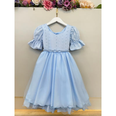 Vestido Infantil Azul Busto Bordado Daminhas Festas Luxo