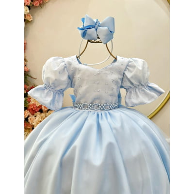 Vestido Infantil Azul Busto Bordado Daminhas Festas Luxo