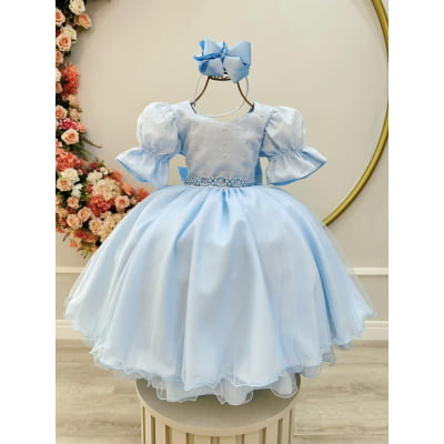 Vestido Infantil Azul Busto Bordado Daminhas Festas Luxo