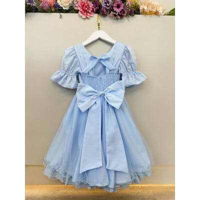 Vestido Infantil Azul Busto Bordado Daminhas Festas Luxo