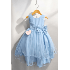 Vestido Infantil Azul Busto Drapeado Aplique de Laço Damas