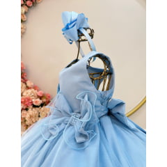 Vestido Infantil Azul Busto Drapeado Aplique de Laço Damas
