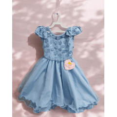 Vestido Infantil Azul C/ Apliques de Flores e Renda Damas