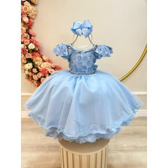 Vestido Infantil Azul C/ Apliques de Flores e Renda Damas