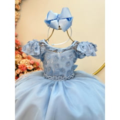 Vestido Infantil Azul C/ Apliques de Flores e Renda Damas