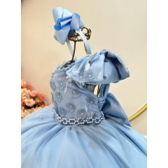 Vestido Infantil Azul C/ Apliques de Flores e Renda Damas