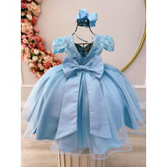 Vestido Infantil Azul C/ Renda e Cinto de Pérolas Festas