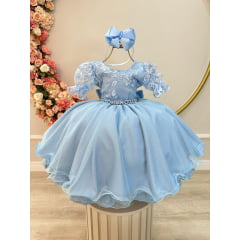 Vestido Infantil Azul C/ Renda Luxo e Cinto de Pérolas Damas