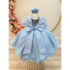 Vestido Infantil Azul C/ Renda Luxo e Cinto de Pérolas Damas