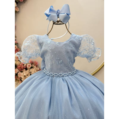 Vestido Infantil Azul Claro Busto C/ Renda Glitter Daminhas