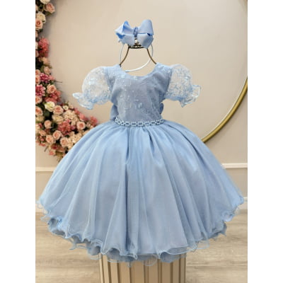 Vestido Infantil Azul Claro Busto C/ Renda Glitter Daminhas Vestido Infantil Azul Claro Busto C/ Renda Glitter Daminhas