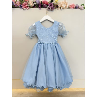 Vestido Infantil Azul Claro Busto C/ Renda Glitter Daminhas